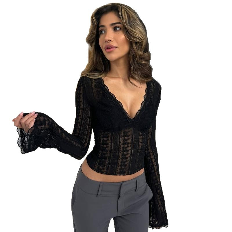 Feminine V-neck Flared Sleeve Fitted Top