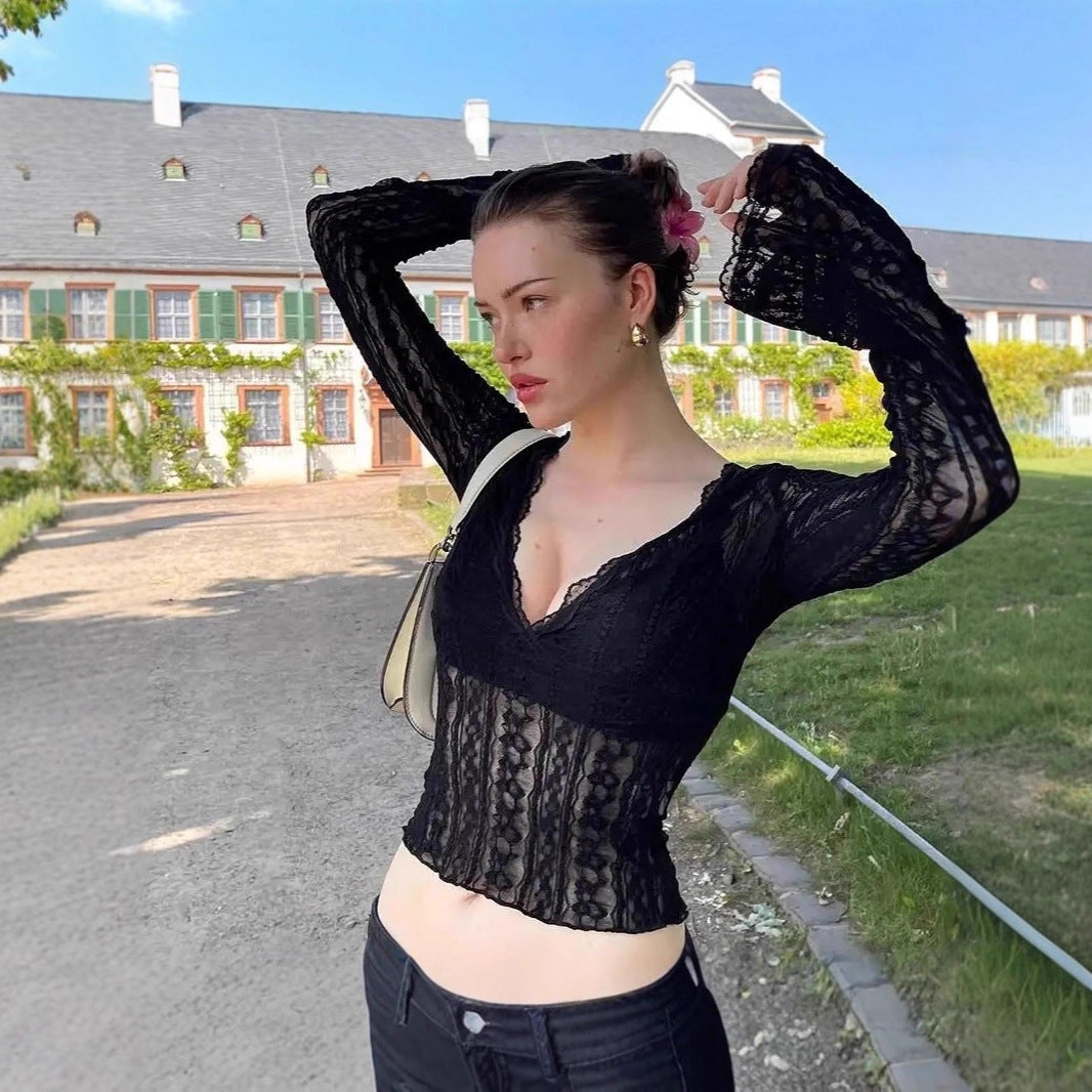Feminine V-neck Flared Sleeve Fitted Top