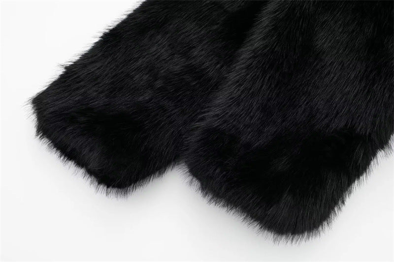 Artificial Fur Effect Polo Collar Jacket Loose Slimming Casual Jacket